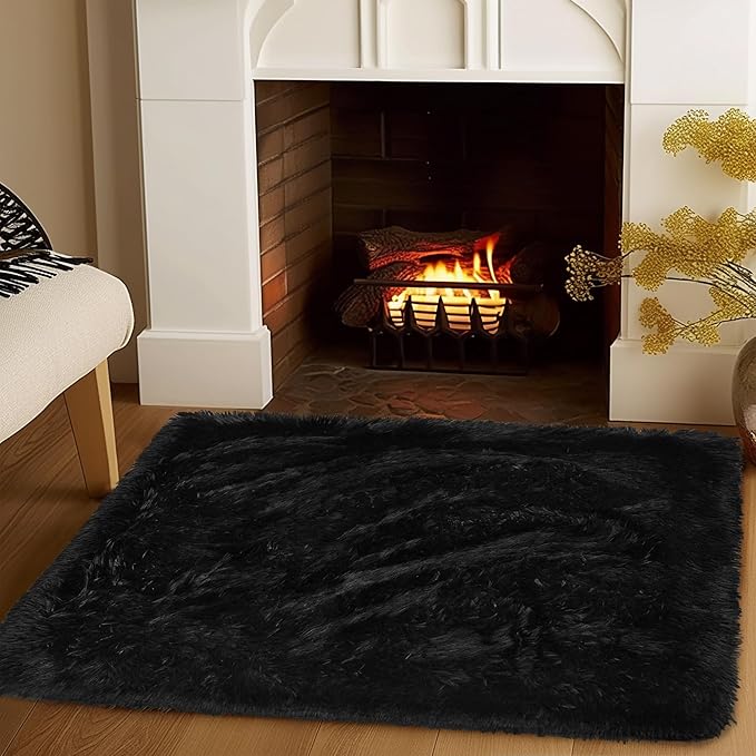 Fluffy Rug Washable 2x3 Feet, Pure Black Desk Chair Rug Non-Slip, Super Soft Kids Rug for Boys Nursery Dorm Decor