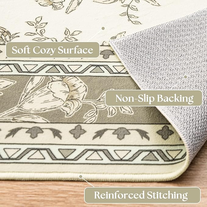 Beige Taupe Floral Area Rug for Entryway 2x3 Washable Small Rug Low Pile Non Slip Distressed Entry Mat Soft Farmhouse Indoor Entrance Door Mat for Kitchen Bedroom Greyish Beige Tan Floral Design