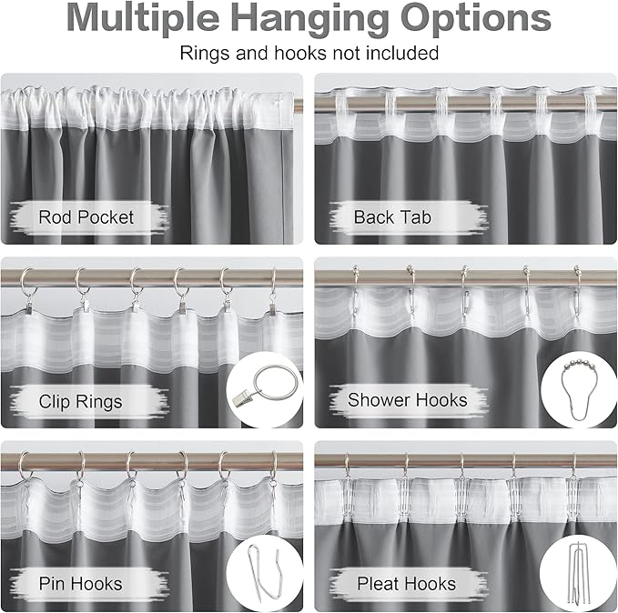 DUALIFE Extra Long Curtains 120 Inch Length,Back Tab and Rod Pocket Window Drapes Thermal Insulated Blackout Curtain Panels 52W x 120L, Grey, 2 Panels
