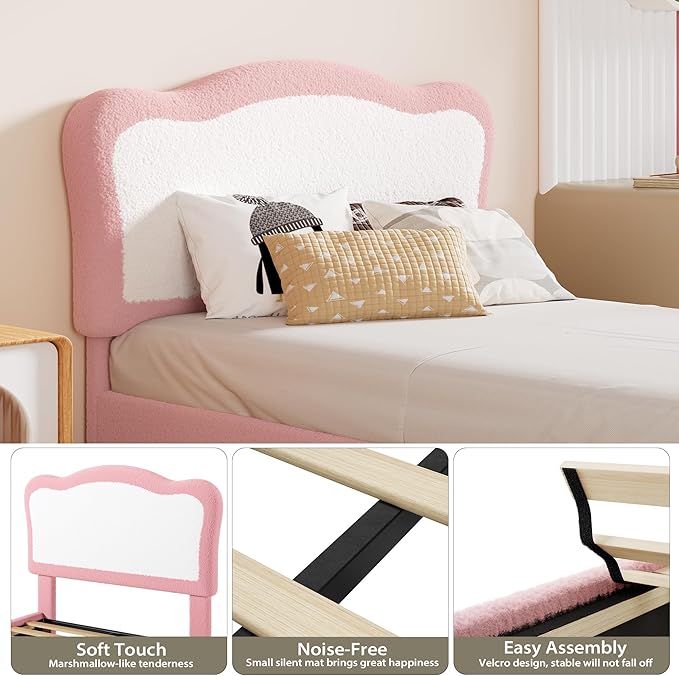 GarveeHome Full Bed Frames for Kids with Soft headboard, Velvet Low Bed Frame for Girls, Boys, No Box Spring Needed, Wooden Slats, Noise Free, Sturdy, Easy Assembly, Pink, White