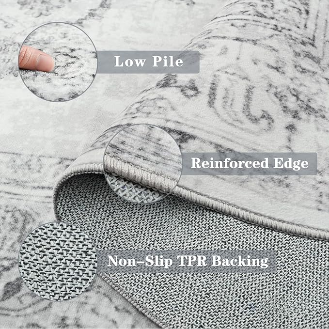 Area Rug 5x7, Washable Rug for Living Room, Large Area Rugs for Bedroom, Vintage Rug 5x7 for Dining Room, Non Slip Soft Low Pile Indoor Carpet for Kitchen, Nursery, Office, Farmhouse, Light Grey