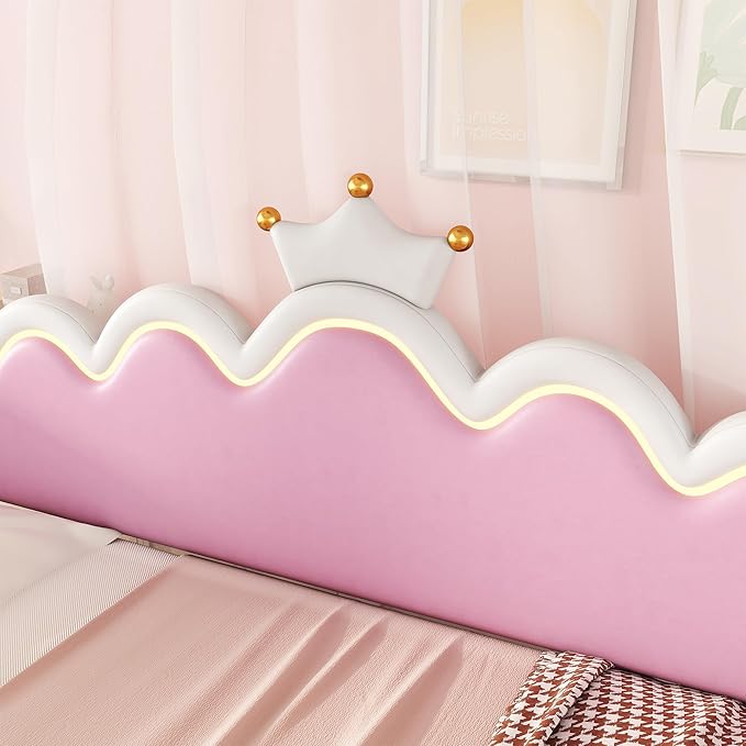 Merax Cute Princess Daybed with Crown Headboard and Light Strips, Twin Size Upholstered Day Bed Frame, Space-Saving Extending Pull Out Sofabed for Kids, Girls' Bedroom, Solid Wood Slats Support, White
