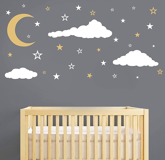 GESTYZ Vinyl Wall Stickers, Stars and Clouds Decal, White, Gold, for Nursery, Bedroom, Kids Room Wall Decoration