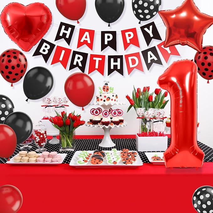Black Red 1st Birthday Decorations for Kids, 40 Inch Large Number 1 Balloon Black Red Polka Dots 1st Birthday Balloons for Boy Girl 1 Year Old Baby Shower Cartoon Theme Party Decorations
