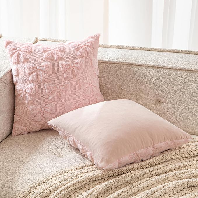 MIULEE Light Pink Bow Pillow Covers Coquette Room Decor Aesthetic Set of 2 Decorative Cute Girl Christmas Throw Pillow Soft Plush Faux Pillowcase for Girl Bed Couch Sofa,18x18 Inch