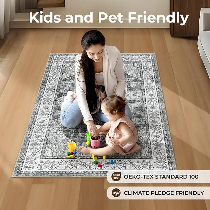 WITSHOCK Living Room Area Rugs 3x5: Washable Rug Boho Soft Non-Slip Low Pile Stain Resistant Foldable Carpet for Bedroom Playroom Dining Room Office Kitchen Foyer Entryway, Farmhouse Home Decor-Gray