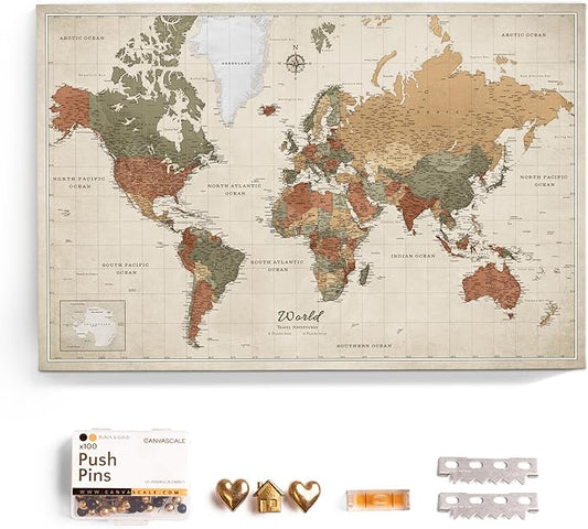 Canvas World Map with Cork Pin Board - English Lettering - Decorative Wall Decoration for All Rooms - Canvas Pictures with World Map Motif (90x60 cm, Pattern 2)