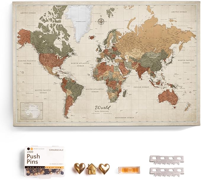 Canvas World Map with Cork Pin Board - English Lettering - Decorative Wall Decoration for All Rooms - Canvas Pictures with World Map Motif (70x50 cm, Pattern 2)