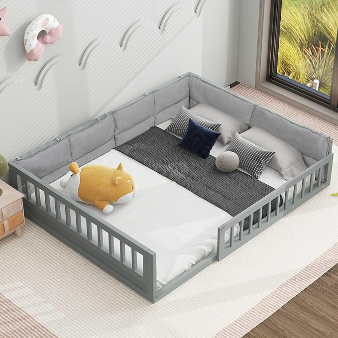Full Size Upholstered Floor Bed with Guardrail, Montessori Platform Bed Frame for Kids and Toddlers, Wood Slat Support, No Box Spring Needed (Grey+ Solid Wood + MDF + Al)