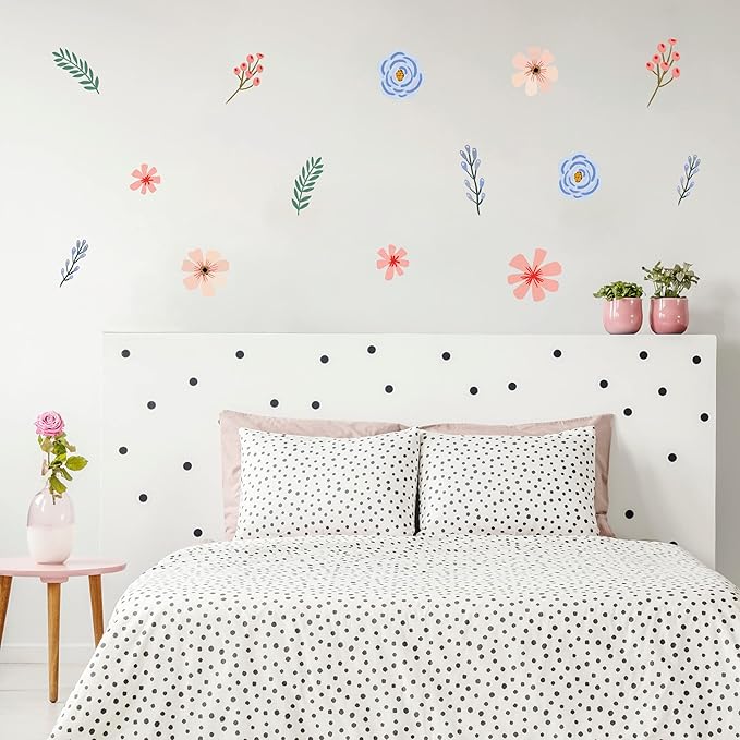 Decalcomania Evening Flowers Wall Decor by Mia Charro - Set of 26 Danish Pastel Room Decor Flower Wall Decals Removable Peel and Stick Wall Stickers - Floral Aesthetic Room Decor