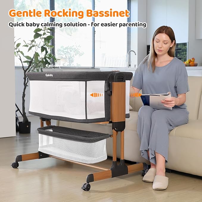 Ezebaby 3-in-1 Baby Bassinet, Rocking Baby Bassinets Bedside Sleeper, Adjustable Portable Crib for Newborn Infant with Wheels Storage Basket and Mesh Sides