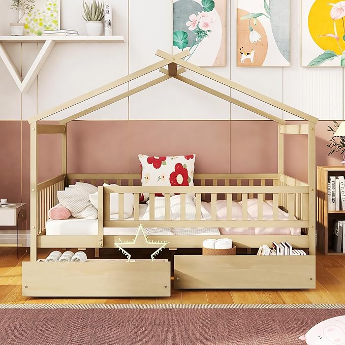 Merax Full Size Wooden House Bed with Two Drawers, Wood Bed Frame with Roof and Safety Guardrail for Kids, Teens, Boys or Girls, Natural