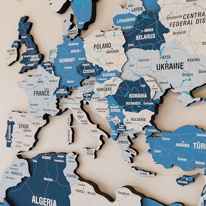 Colorfull Worlds 3D Wooden World Map Wall Art - Premium Multicolored World Travel Art for Wall Decor with Push Pins- Ideal Housewarming Gift & Travel Tracker (Large, Navy)