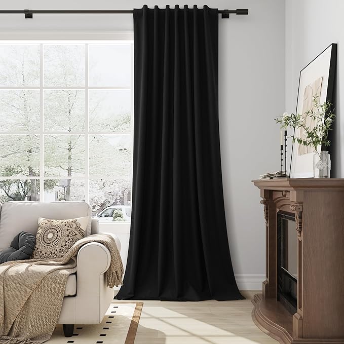 Guken Black Linen 100% Blackout Curtains for Bedroom 84 Inch Length 2 Panels Back Tab Hook Belt Light Blocking Thermal Insulated Noise Cancelling Linen Textured Living Room Dining Room 52x84 7Ft