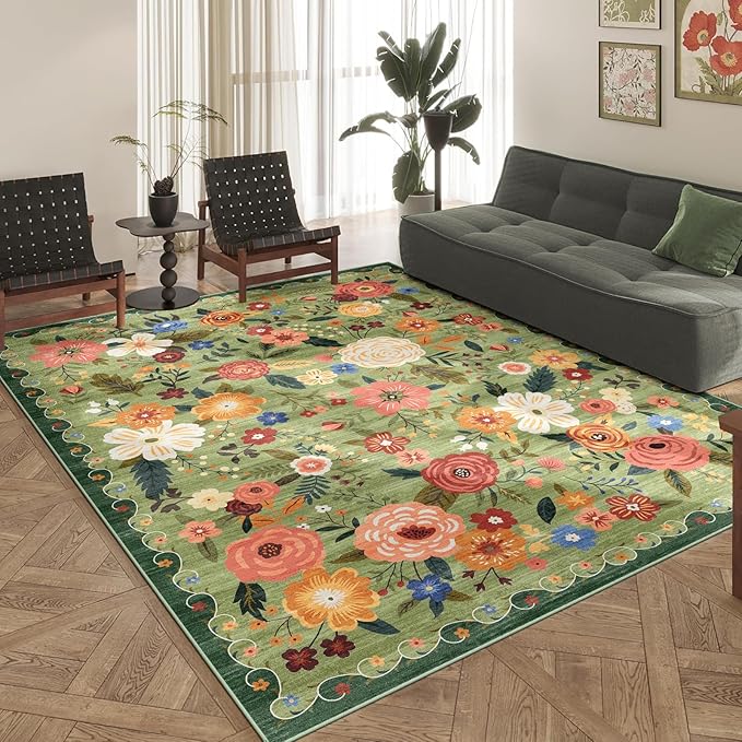 8x10 Washable Area Rug for Living Room, Floral Non-Slip Non-Shedding & Easy Care, Large Soft Low Pile Indoor Floor Carpet for Living Room, Bedroom, Farmhouse, Dining Room, Kids Playroom, Green