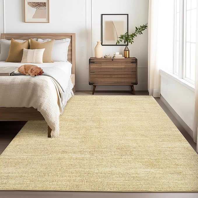 5x7 Washable Rugs Non Slip Minimalist Area Rug for Bedroom Soft Low Pile Solid Color Large Bedroom Throw Carpet Stain Resistant Classic Neutral Area Rug Plain Boho Rugs for Kitchen Nursery, Tan 5'x7'