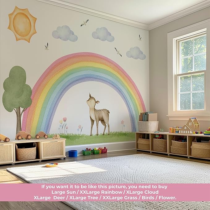 Pastel Boho Rainbow & Woodland Wall Decal Set for Nursery – Watercolor Fawn, Sun, Clouds, Tree, Grass, Birds – Large/XL/XXL