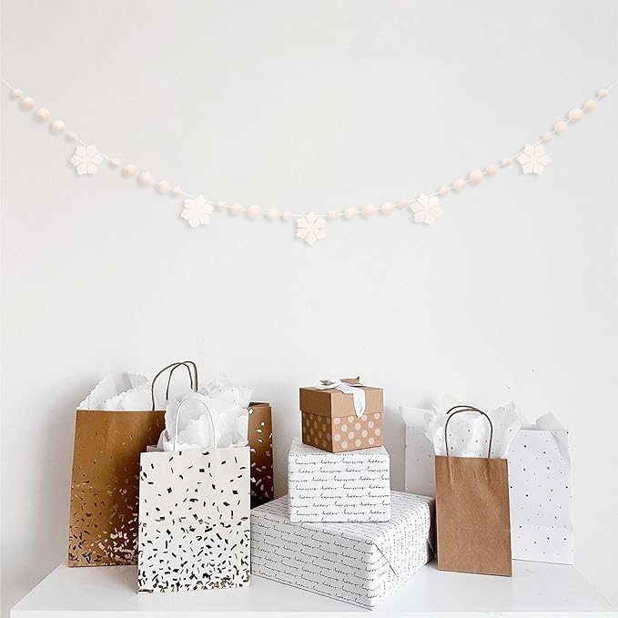 Felt Snowflake Garland – Cream White Winter Garland with Wool Balls, Neutral Christmas Mantle Decor, Scandinavian Snow Banner for Holiday Party, Nursery or Fireplace Decoration