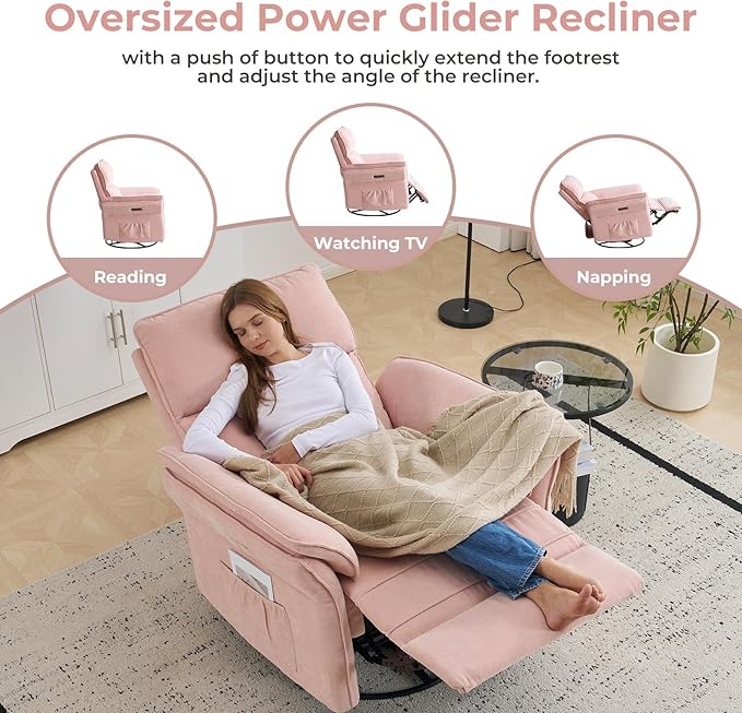 Oversized Power Recliner Chair Swivel Glider with Massage and Heat, Rocker Nursery Recliner for Adults with Adjustable Headrest, 26" Extra Wide Nursery Chair with Overstuffed Armrest,Pink