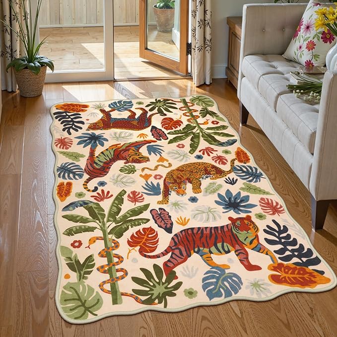 LEEVAN 3x5 Bedroom Rug Washable Tiger Kitchen Rugs Non Slip Beige Entryway Mat Scalloped Office Floor Pad Leopard Living Room Rug Low Pile Playroom Carpet Jungle Kids Mat