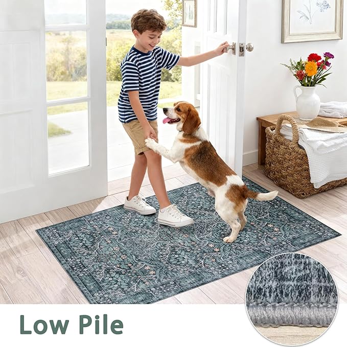Washable Rug 5x7 Area Rug,Retro Green Living Room Rug for Entryway Bedroom Farmhouse Nursery Home Office，Low Pile Stain & Slip Resistant Large Carpet for Bedroom