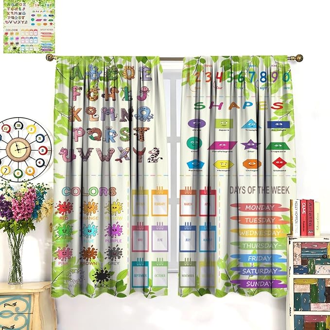 Kids Alphabet Curtain Cartoon Animal Nursery Rustic Leaves Plant Funny School Education Learning Tools Printed Rod Pocket Blackout Window Drapes for Bedroom Living Room 72" W X 63" L