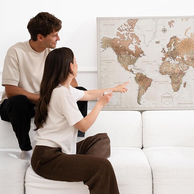 Canvas World Map with Cork Pin Board - English Lettering - Decorative Wall Decoration for All Rooms - Canvas Pictures with World Map Motif (70x50 cm, Pattern 16)