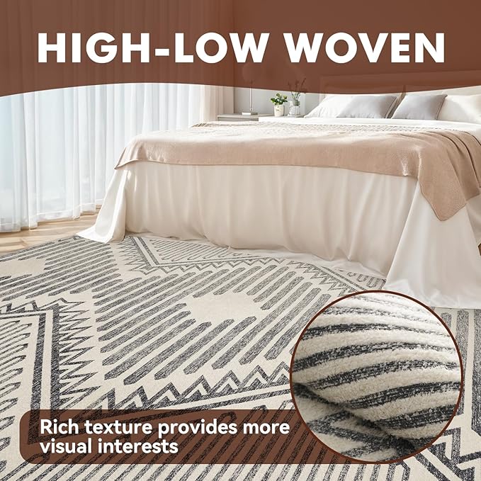 Charcoal Grey Boho 9x12 Area Rugs Textured Tufted Rugs for Living Room Bedroom Rug-Carpet Washable Neutral Modern Geometric Moroccan Aztec Rug