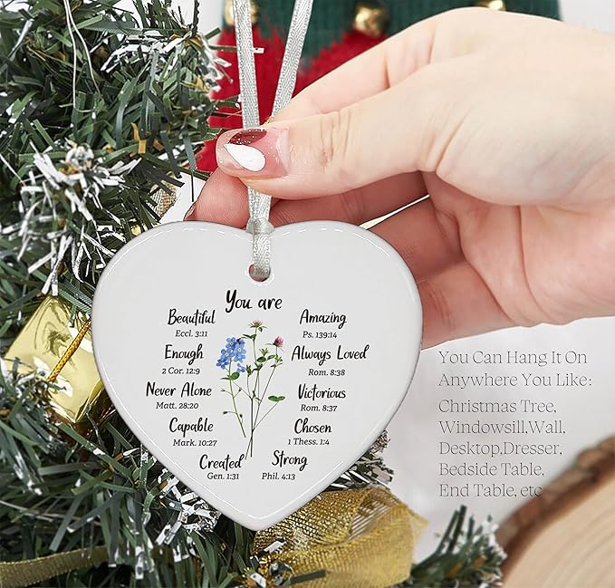 Heart Shaped Christmas Ornament-Christian Scripture Bible Verse Gift-Affirmation Inspirational Reminder for Women Girls-Mother's Day Birthday Graduation Keepsake