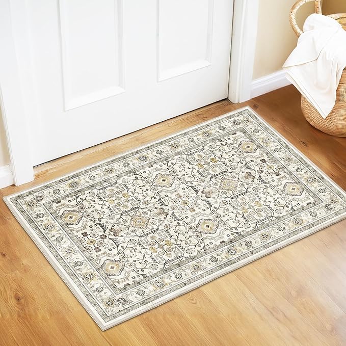 WITSHOCK Door Mat Indoor Entrance 2x3 Machine Washable Non Slip Backing Mat Soft Foldable,Vintage Rugs Mats, Throw Rugs for Front Door, Entryway Rug, Cream Color