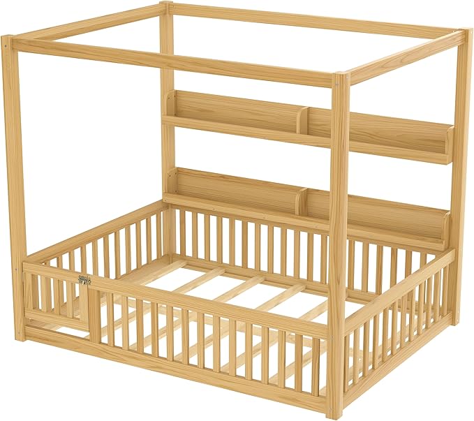 Bellemave Toddlers Full Size Canopy Bed with Fence and Door, Floor Bed with Storage Shelves and 4 Poster Design,Wood Montessori Bed Frame for Kids, Boys,Girls,Space Saving,Easy Assemble（Full,Natural）