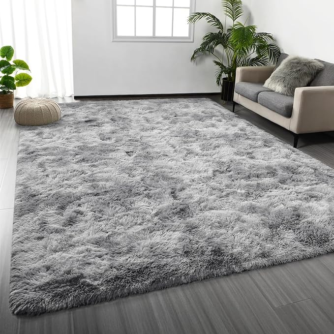 Large Shag Area Rugs 9 x 12, Tie-Dyed Plush Fuzzy Rugs for Living Room, Ultra Soft Fluffy Furry Rug for Bedroom, Indoor Carpet Nursery Rugs for Kids Room Home Decor, Light Grey
