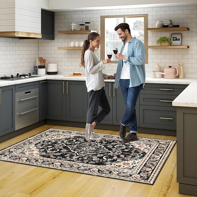 Vhong Washable Area Rugs Boho Vintage Modern Neutral Small Carpet Black and Brown 3×5 High Traffic Rugs for Dinning Room Living Room Bedroom Non Slip