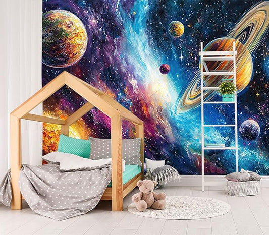 XMPMBM-Starry Sky Abstraction Art Graffiti Wallpaper Colorful Planets Nursery Room Boys Bedroom Bathroom Wall Mural- W 88" X H 59"（36 Square Foot）