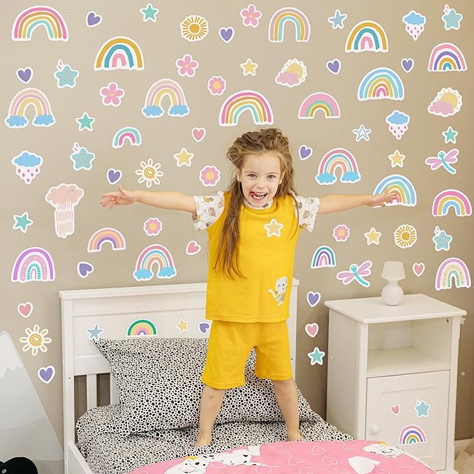 Rainbow Wall Decal Glow in The Dark, Small Watercolor Heart Star Flower Stickers for Girls Room, Kids Boys Baby Nursery Decor