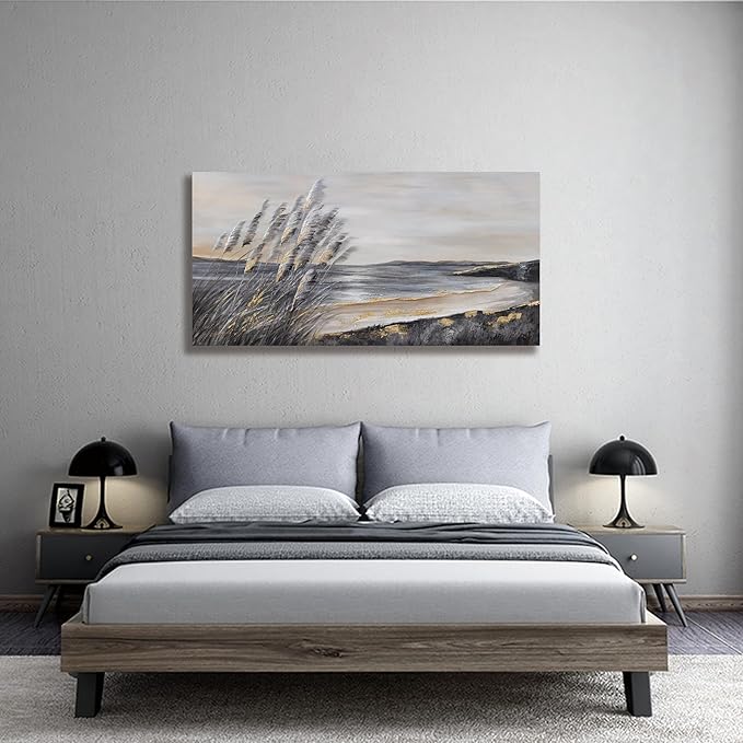 Yuaxker Ocean Art Wall Decor Grey and Gold Ocean Wall Art Large Modern Prints Trendy Canvas Painting for Living Room, Bedroom, Dining Room Office Home Decor 30x60 inch