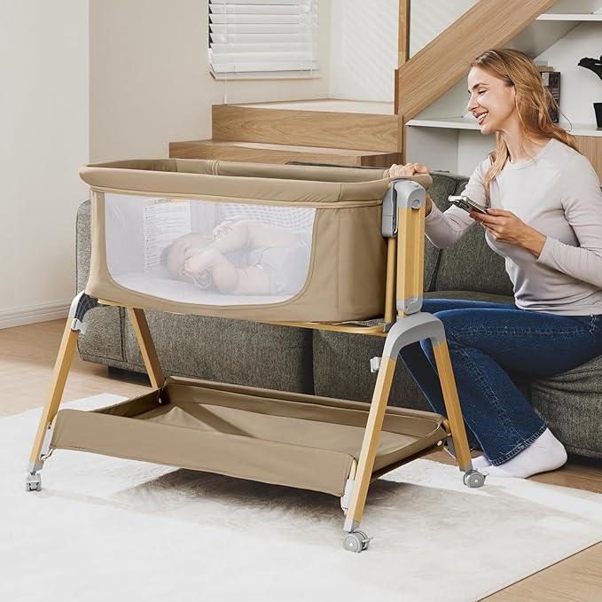 3 in 1 Baby Bassinet, Rocking Bassinets with Comfy Mattress and Wheels, Adjustable Height Bassinet Bedside Sleeper, Easy Folding Portable Crib for Newborn (Khaki)