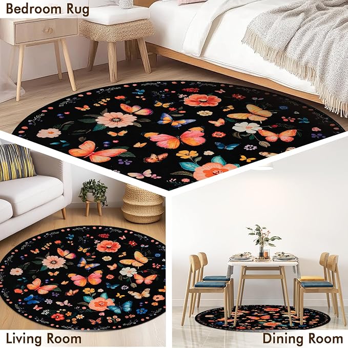 6' Machine Washable Round Area Rug, Non-Slip Vintage Floral Circle Floor Rugs for Kids, Low Pile Room Carpet for Living Room, Bedroom, Dining Room & Nursery(6' Black Floral)
