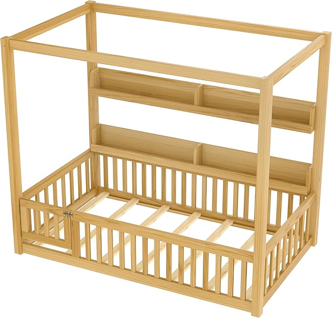 Bellemave Twin Size Canopy Bed with Guardrails and Door, Wood Floor Bed with Shelves for Toddlers, Built in 4 Poster Design,Montessori Bed for Kids,Boys,Girls,Easy Assemble（Twin,Natural）