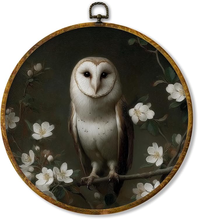 Hiuwevt Vintage Floral Owl Round Wall Art Decor, Dark Academia Cottagecore Flower Framed Canvas Prints, Gothic Owl Round Wall Hanging Decor for Home Living Room Decorations, 10x10 Inches