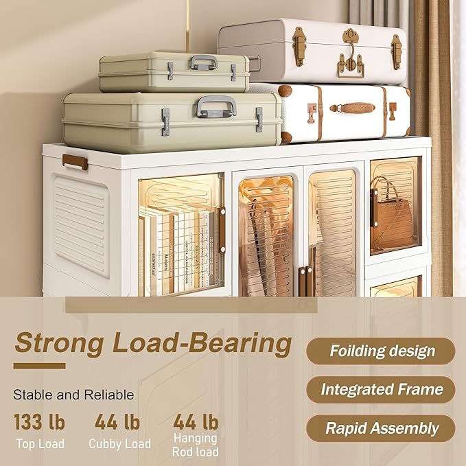 Portable Closet Wardrobe, Foldable Clothes Organizer with 10 Cubby Storage, 2 Hanging Rods, Easy Assemble Clothing Storage with 16 Hangers, Kids Wardrobe Cabinet