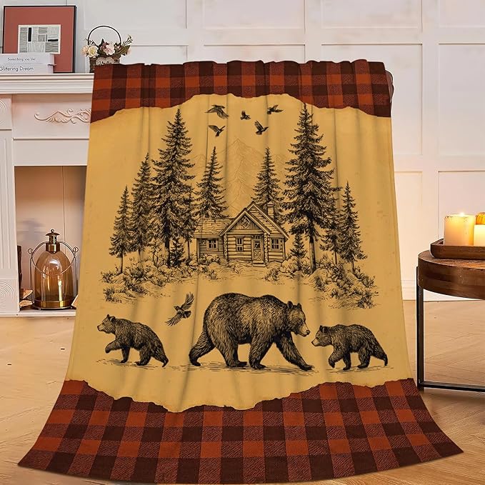 Bear Blanket Rustic Cabin Country Bear Hunting Throw Blanket Soft Cozy Fleece Fuzzy Plush Warm Stuff Bedding Wild Animal Blankets Gifts for Boys Girls Kids Adult Men Women 50"X60"