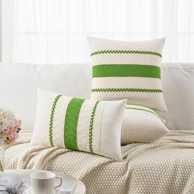Fancy Homi Set of 2 Boho Lime Green Decorative Throw Pillow Cover 18x18 Inch for Couch Bed Sofa, Aesthetic Modern Organic Farmhouse Home Decor, Soft Cotton Cute Accent Macrame Woven Cushion Case