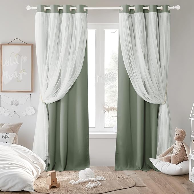 PONY DANCE Living Room Curtains 84 Inch Length - Sheer Overlay Blackout Curtains, 52 inches Wide, Window Treatment Panels, Cortinas De Sala Elegantes (Sage Green, Set of 2, with Extra Tie-Backs)