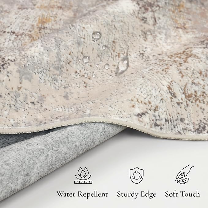 GENIMO Washable 5x7 Area Rugs for Living Room, Non Slip Modern Abstract Rug, Machine Washable Stain Resistant Low Pile Soft Carpet for Bedroom, Dining, Office, Light Grey Brown