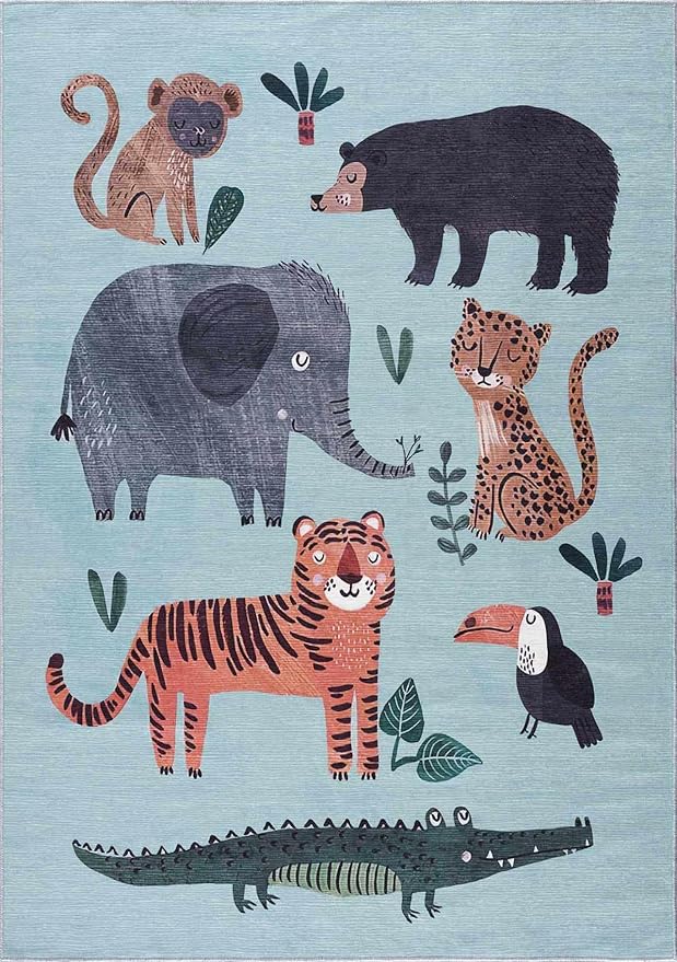 Hauteloom Petey Kids Room, Nursery Machine Washable Area Rug - Animals - Blue, Terracotta - 5'3" x 7'3"