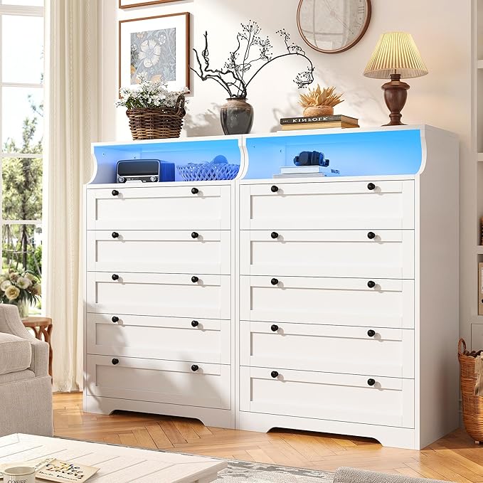 EnHomee White Dresser with LED Light, Tall Dresser for Bedroom, 5 Drawers & 1 Shelves for Bedroom, Home Office