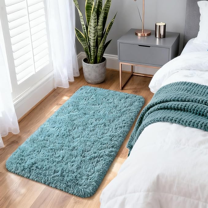 Merelax Modern Soft Fluffy Small Shaggy Rug for Bedroom Livingroom Dorm Kids Room Indoor Home Decorative, Non-Slip Plush Furry Fur Area Rugs Comfy Nursery Accent Floor Carpet 2X4 Feet, Turquoise Green