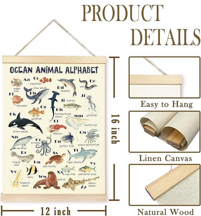 CGBHW Ocean Animal Alphabet Numbers Poster Hanger Frame Set of 2, Sea Marine Fish Species Construction Learning Posters Wall Art Hanging Decor for Toddler Boy Kids Room Playroom Nursery, 16x12 Inch
