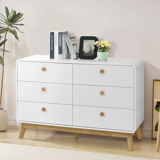 ELISA HOME Aries 6 Drawer Dresser for Bedroom, Modern Wide Chest of Drawers, Wood Storage Organizer for Clothes, Entryway, Hallway, Nursery or Living Room, White